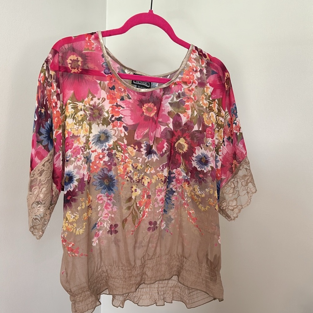 ANGIE Sheer Tan and Multicolored Flower Top size L